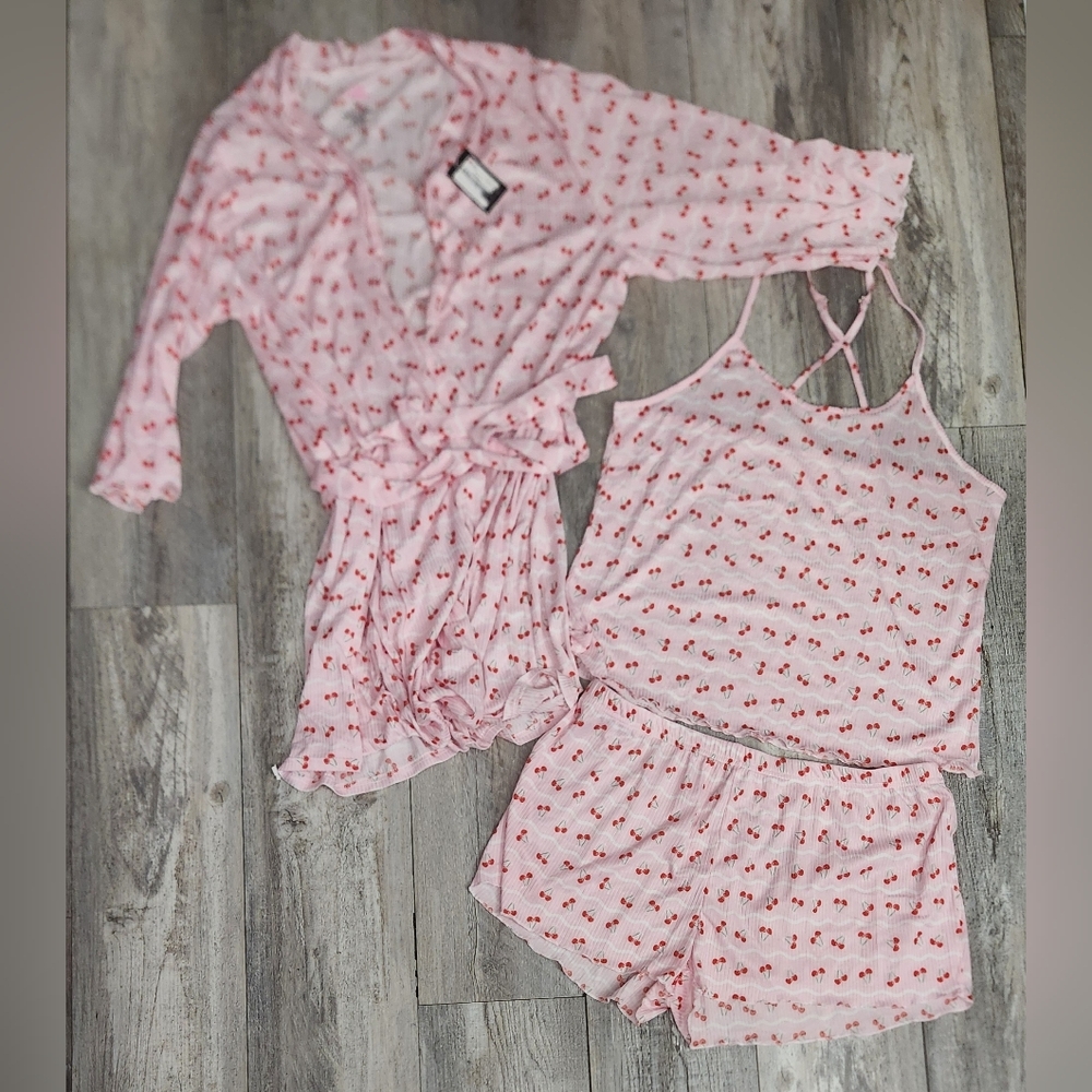 Cozy Couture Women's Light Pink Cherry Print 3-Piece Sleepwear Set